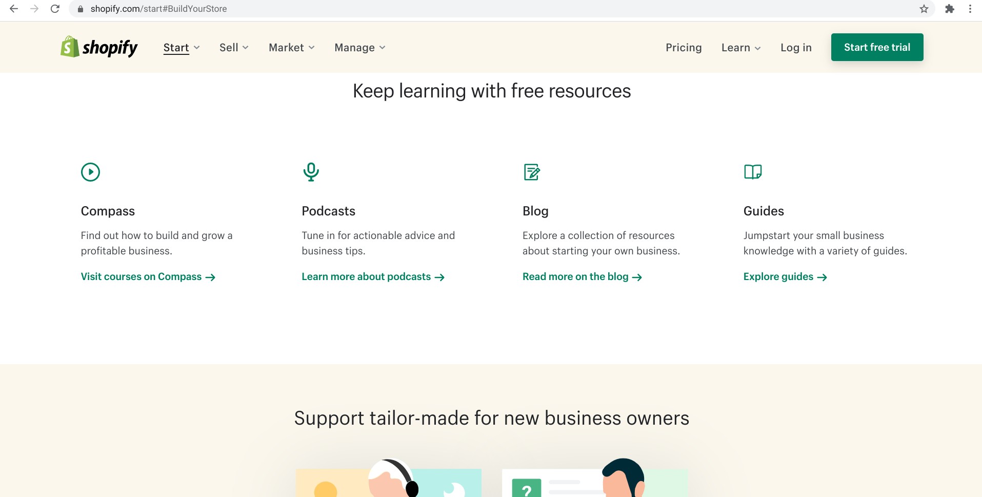 Screenshot of the different free learning resources offered by Shopify for their customers on Shopify.com
