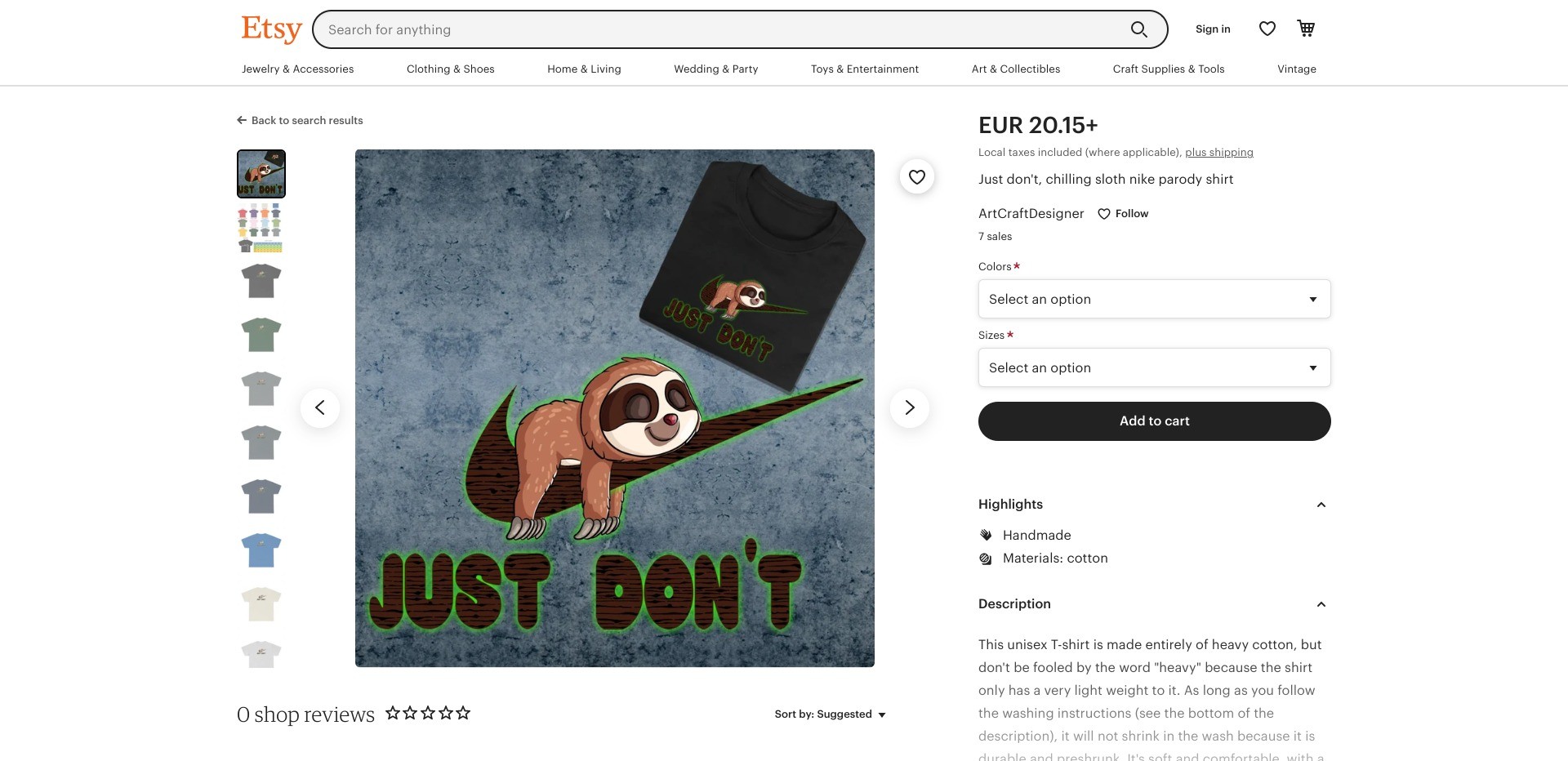 Screenshot of listing on Etsy offering T-shirt with Nike logo