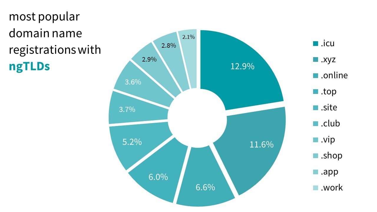 Pie chart: most popular domain name registrations with ngTLDs