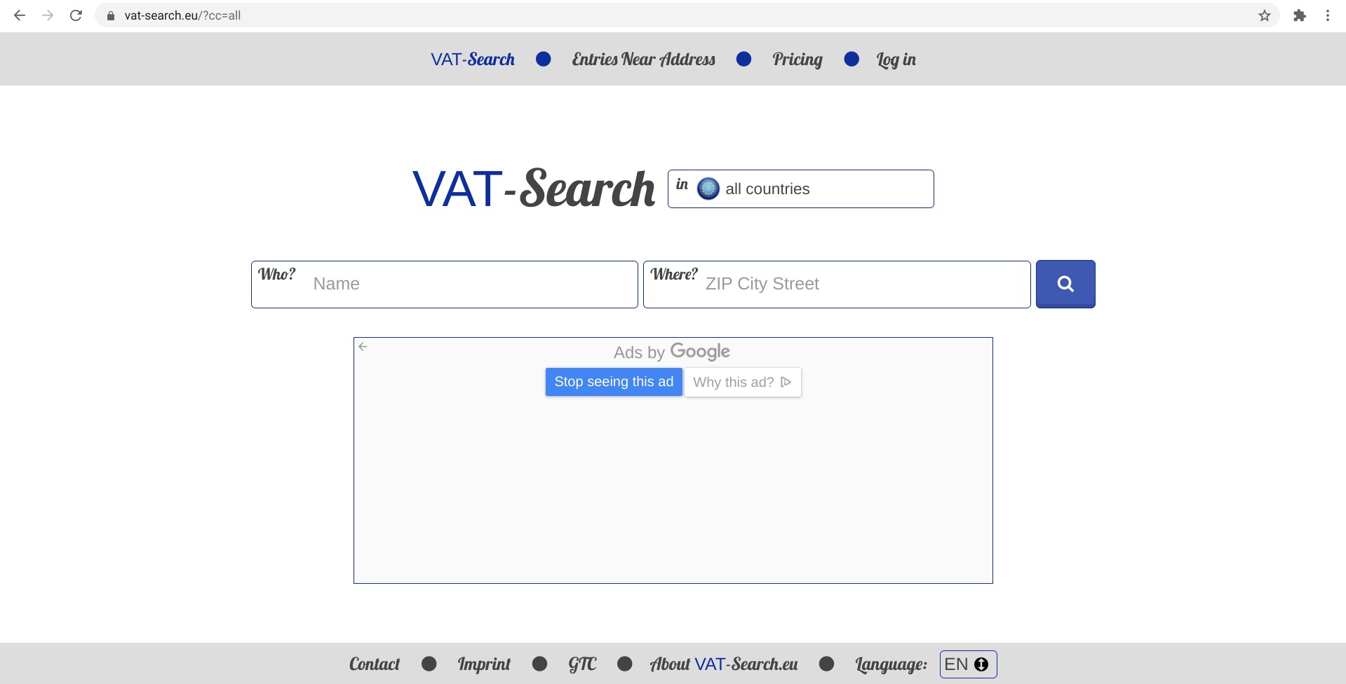 Screenshot of the homepage of vat-search.eu, a VAT ID database