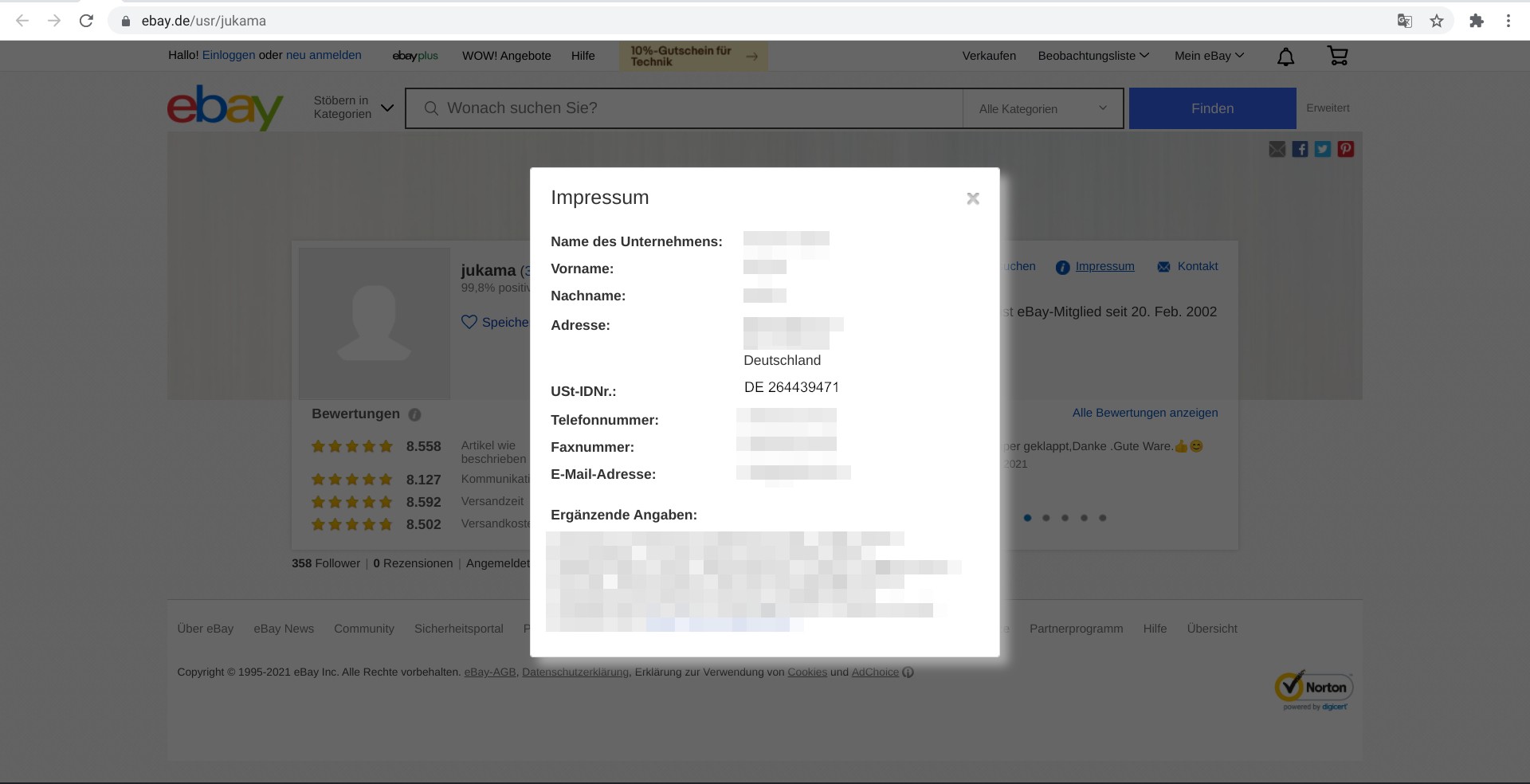Screenshot of the Imprint containing the VAT ID of a seller on ebay.de
