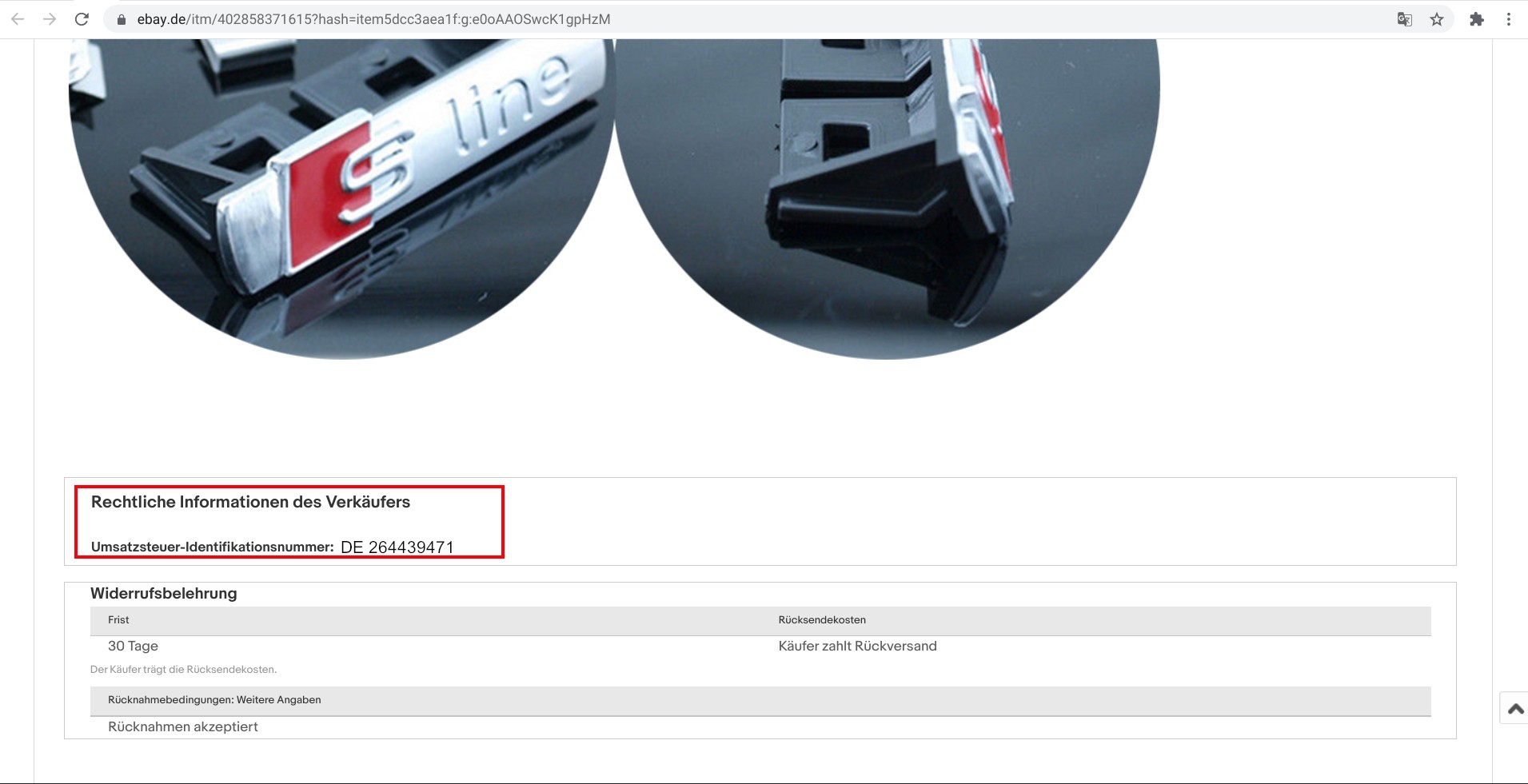 Screenshot of the Legal information of a seller on ebay.de with the same VAT ID