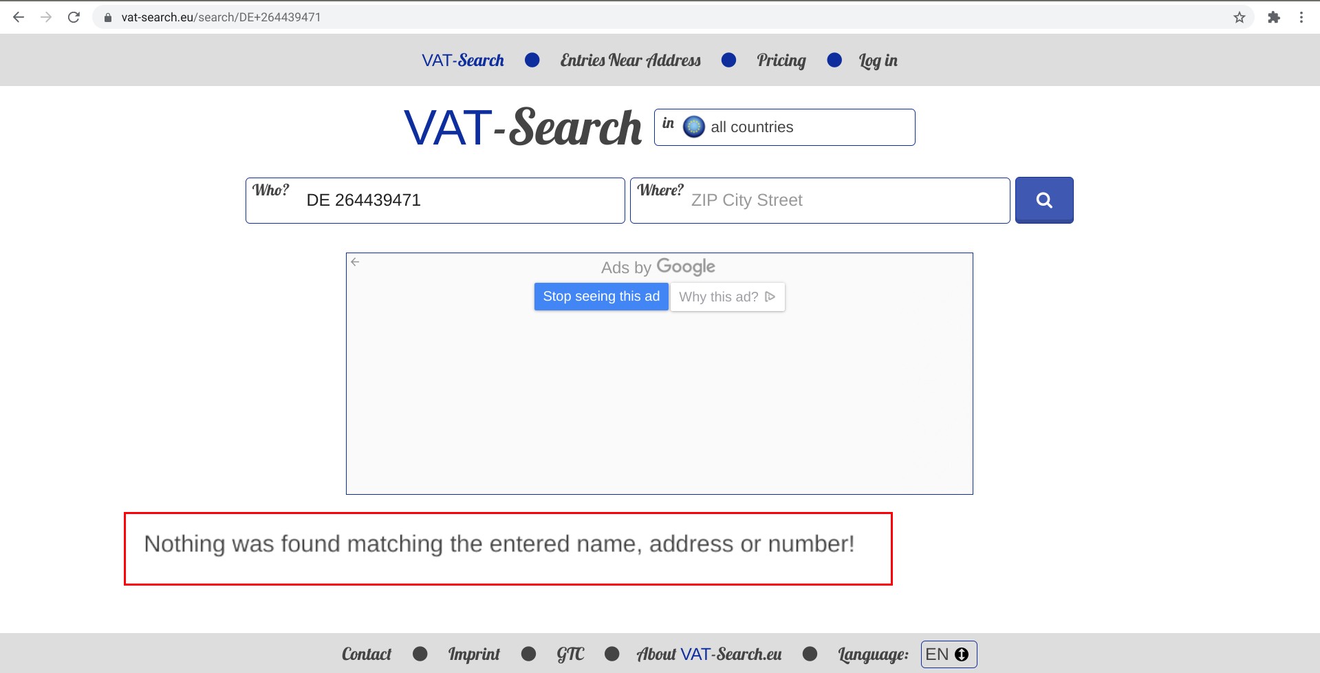 Screenshot of a VAT database search with no results