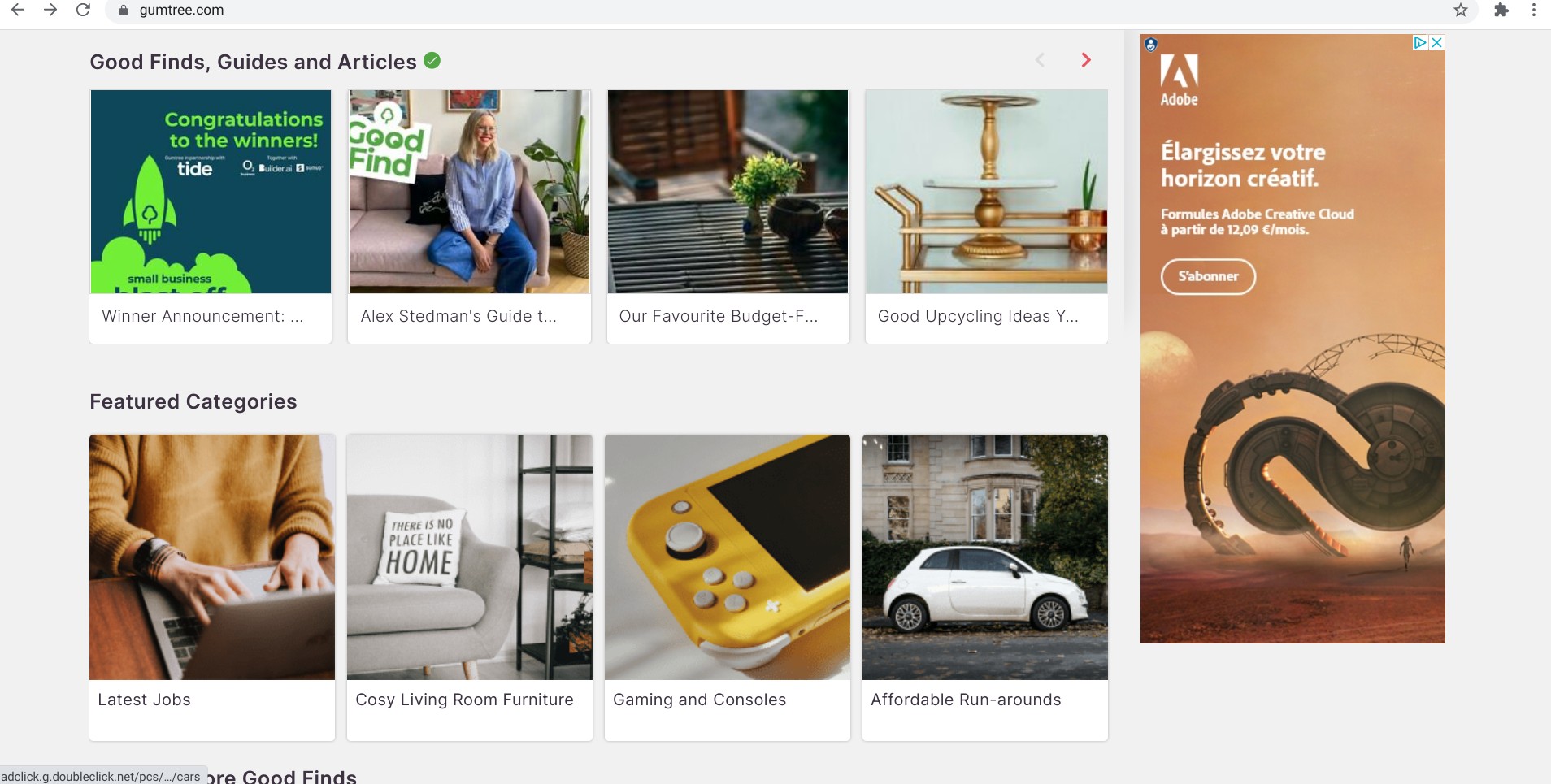 Screenshot of the homepage of gumtree.com