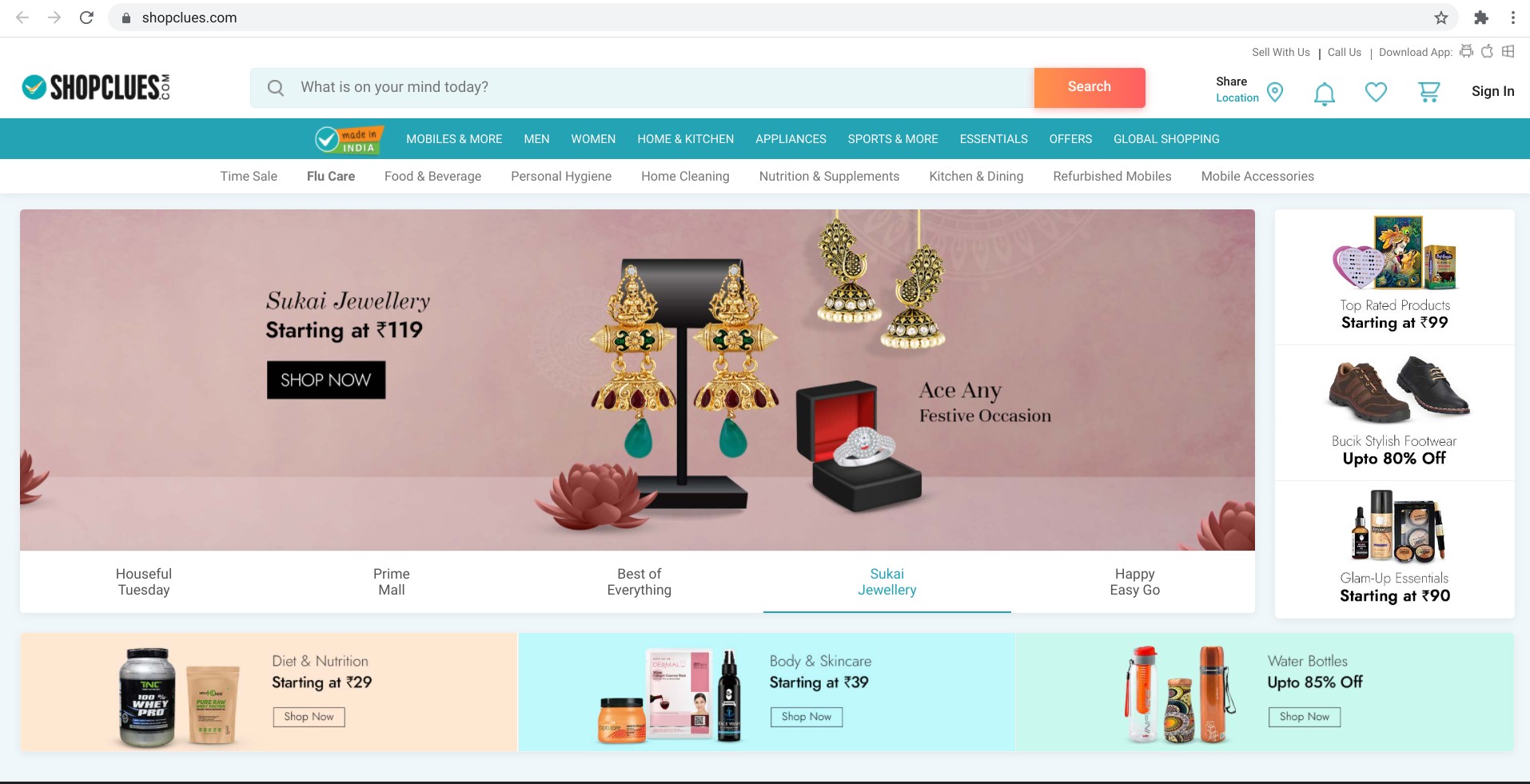Screenshot of the homepage of shopclues.com