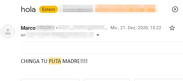 Screenshot of a Mercado Libre fraudulent seller’s message, which roughly translates as “F**k your f***ing mother”