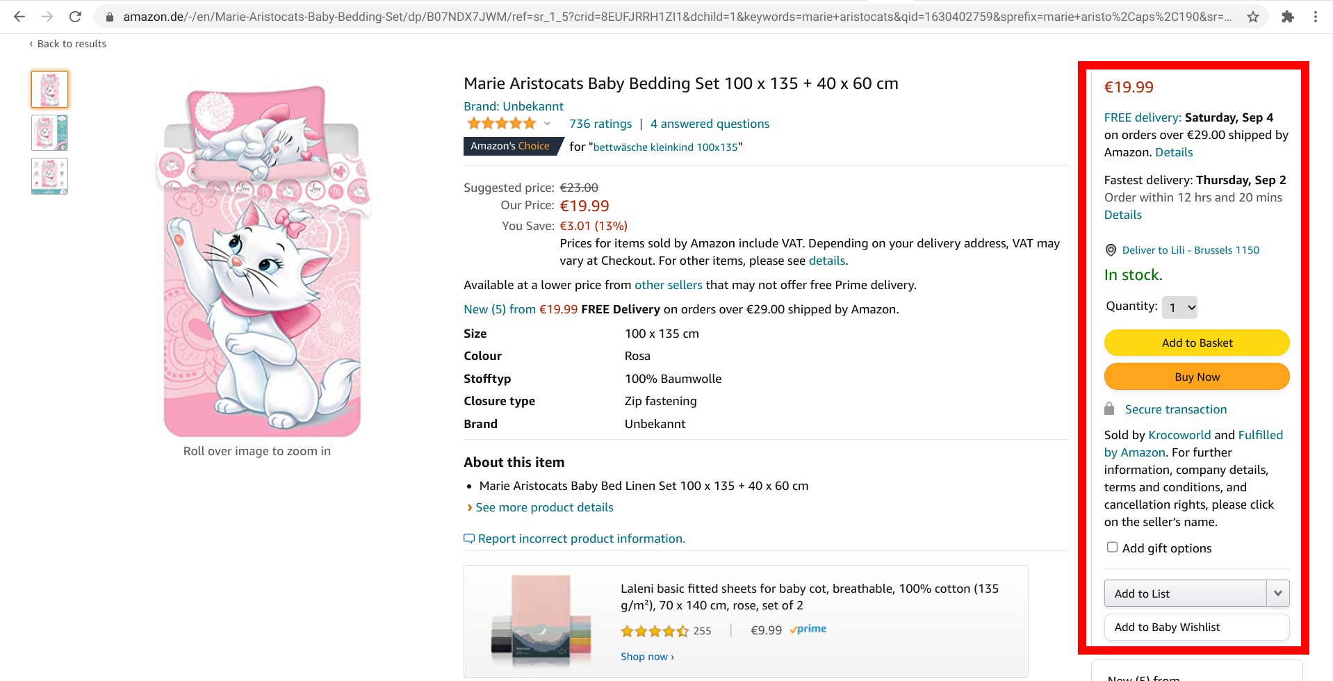 Screenshot of a product page from Amazon.de with the Buy Box highlighted