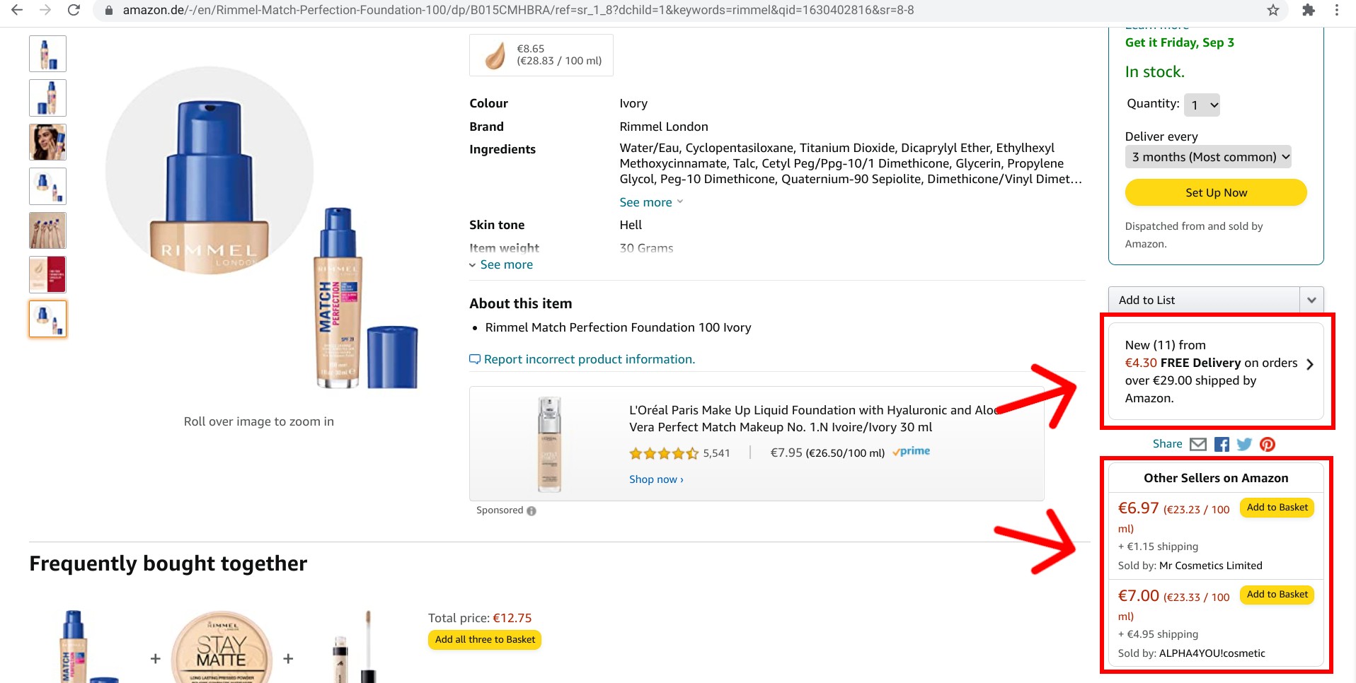 Screenshot of a product listing from Amazon.de with “new” and “other sellers” highlighted