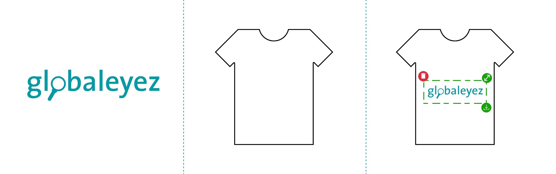Three-part image with our logo, a white T-shirt and our logo copied onto the T-shirt to illustrate the process of print on demand.
