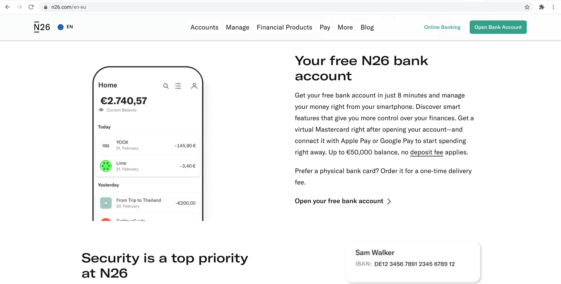 A screenshot of n26.com’s homepage