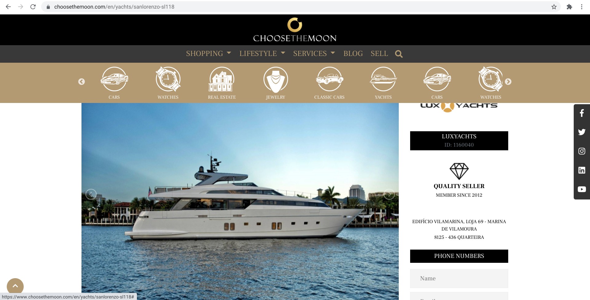 Screenshot of a yacht available for sale on choosethemoon.com