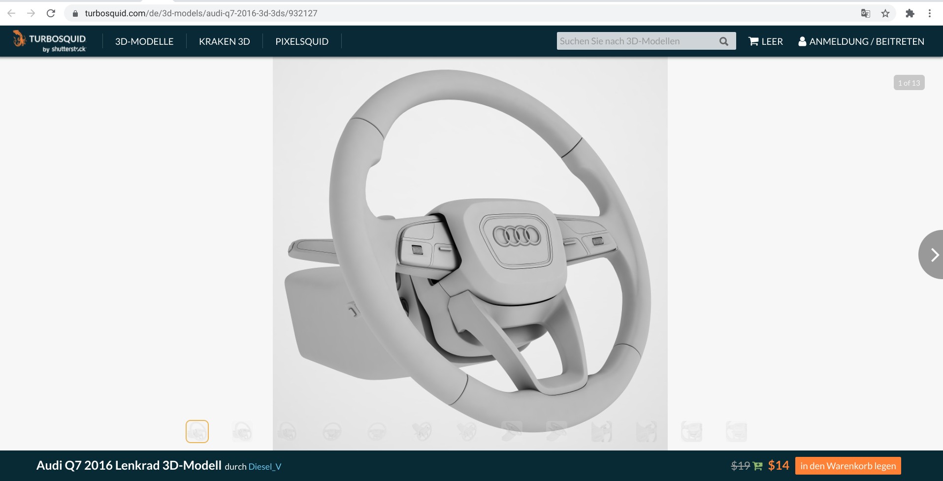 Screenshot of a 3D printed steering wheel model on turbosquid.com