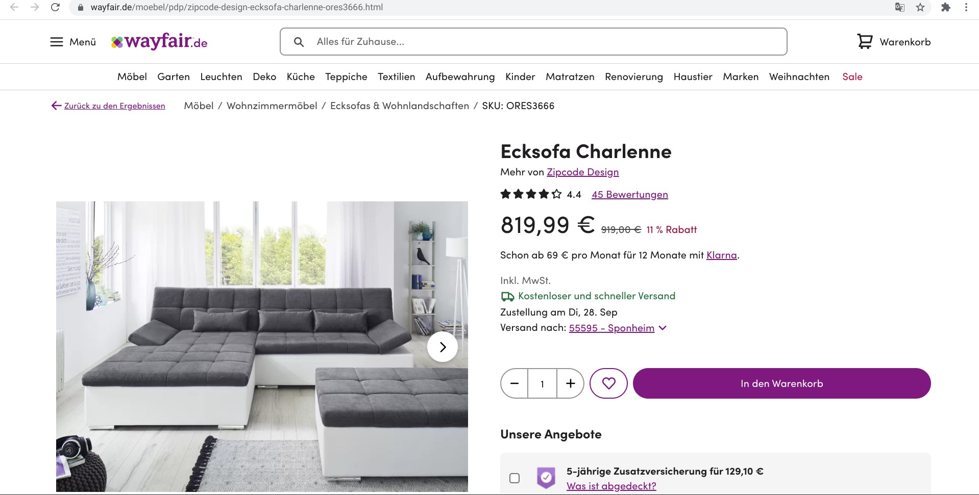 Screenshot of a listing on wayfair.de