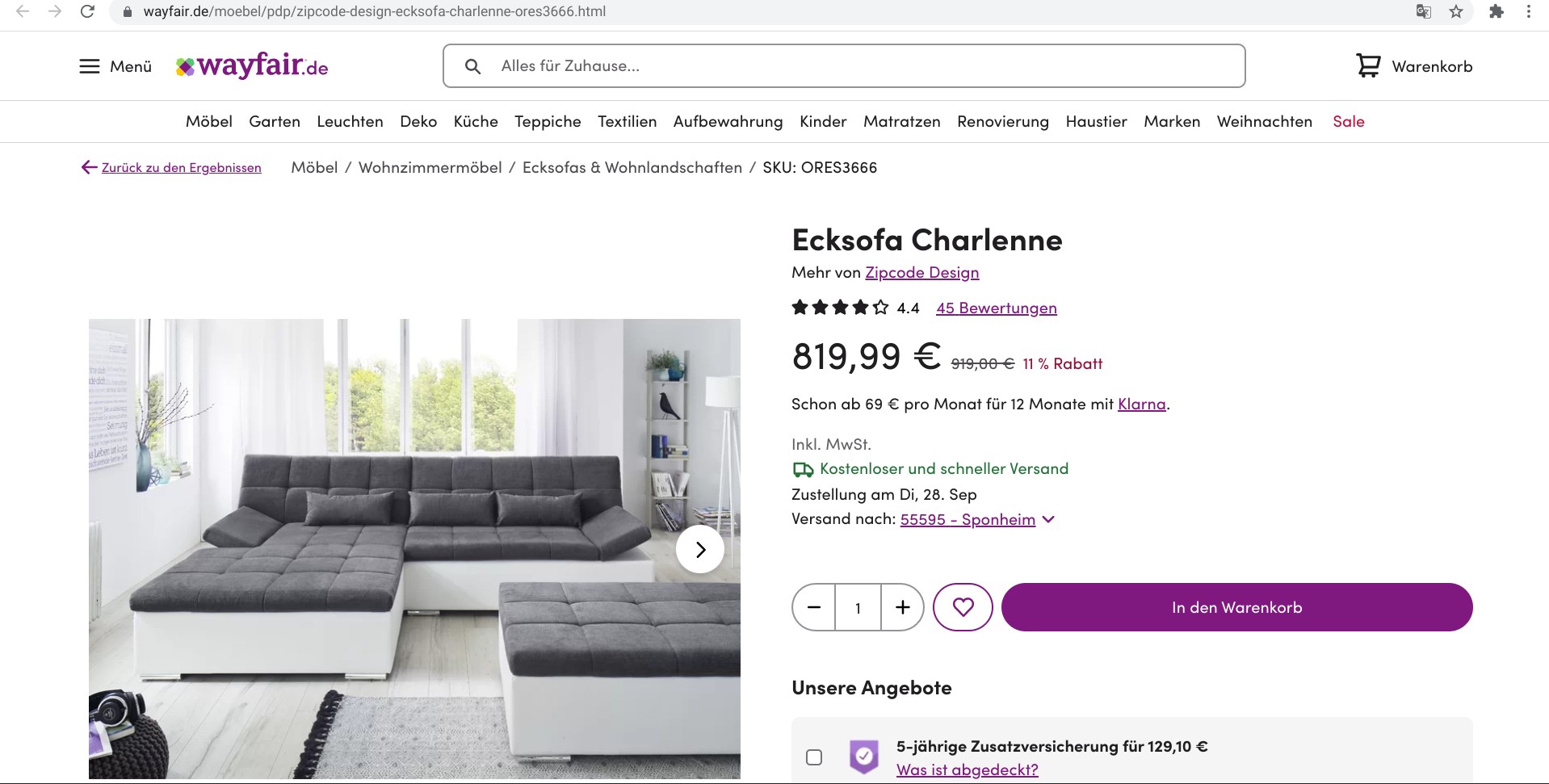 Screenshot eines Angebots auf wayfair.de