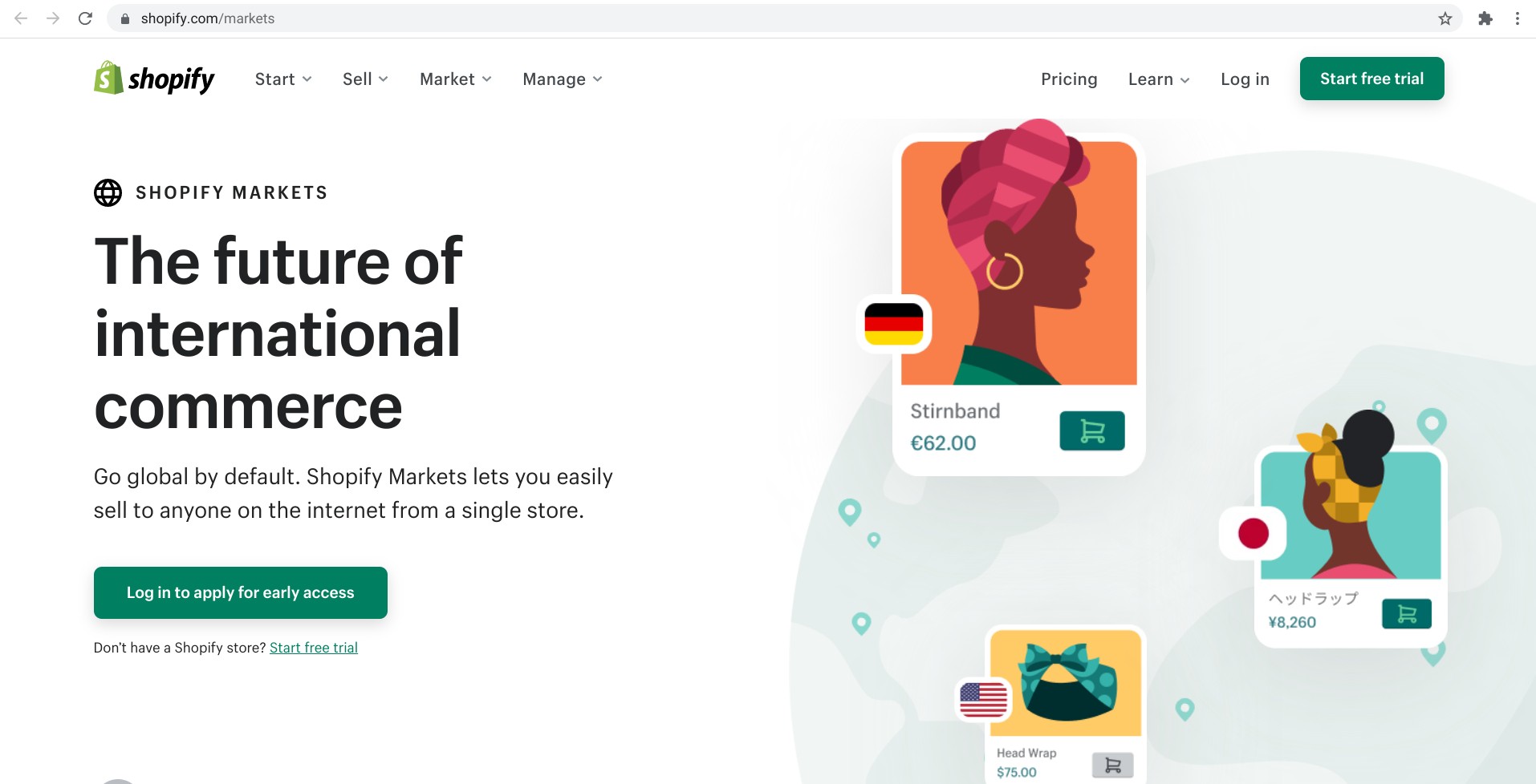 Screenshot of shopify.com/markets’ homepage
