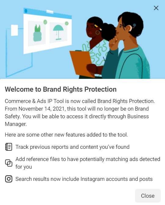 Screenshot of Facebook.com’s Brand Rights Protection homepage