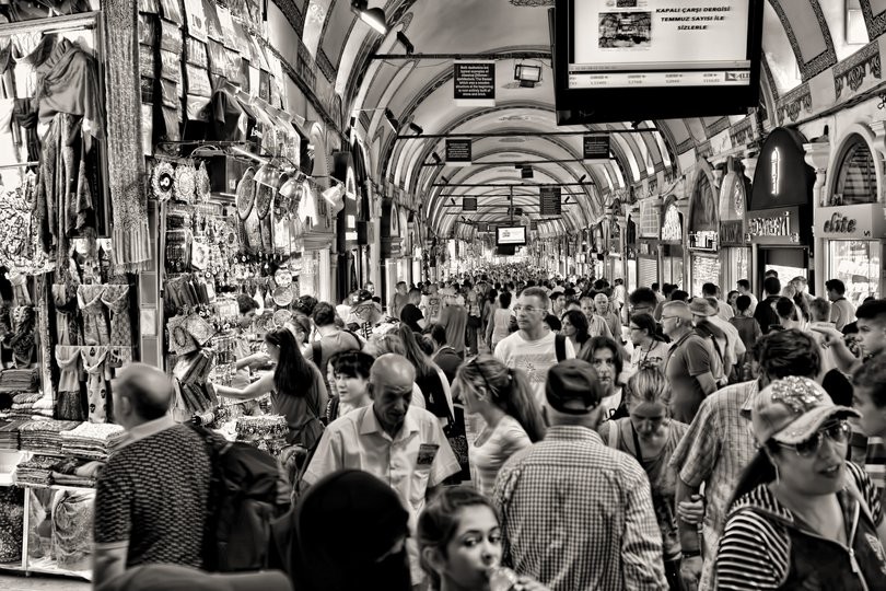A crowded shopping arcade