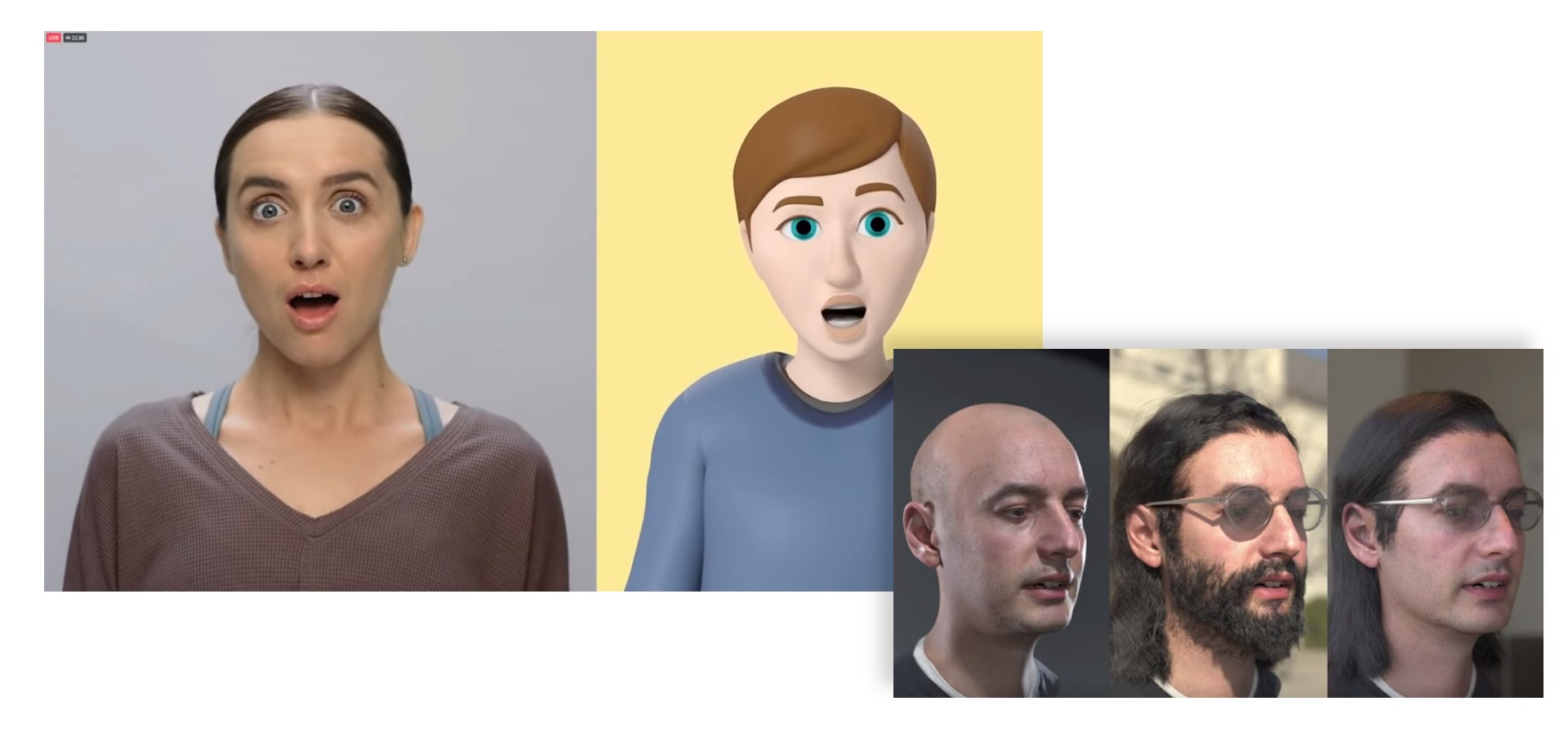 Various avatars with digitally altered features. Sources: Meta Reality Lab Research, Hair and Skin Rendering, https://gfycat.com/greenclearfruitfly, and The Metaverse and How SWe’ll Build it Together - Connect 2021, https://www.youtube.com/watch?v=Uv