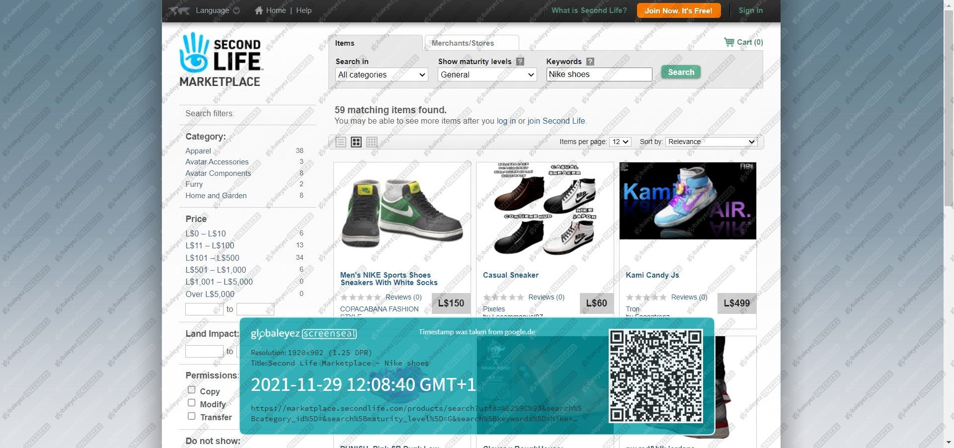 Screenshot of Second Life marketplace listings of Nike products from secondlife.com.