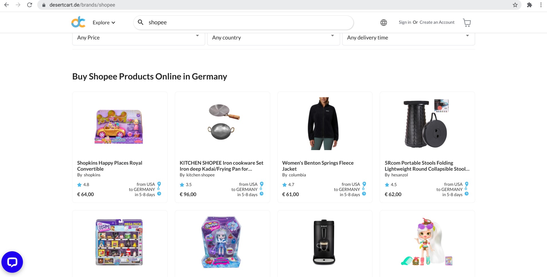 Screenshot of desertcart.de offering to ship Shopee products to Germany