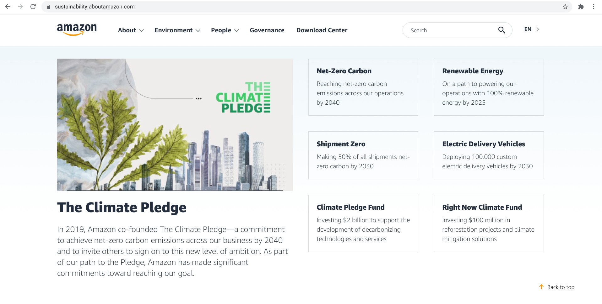 Screenshot of sustainability.aboutamazon.com displaying Amazon’s climate pledge