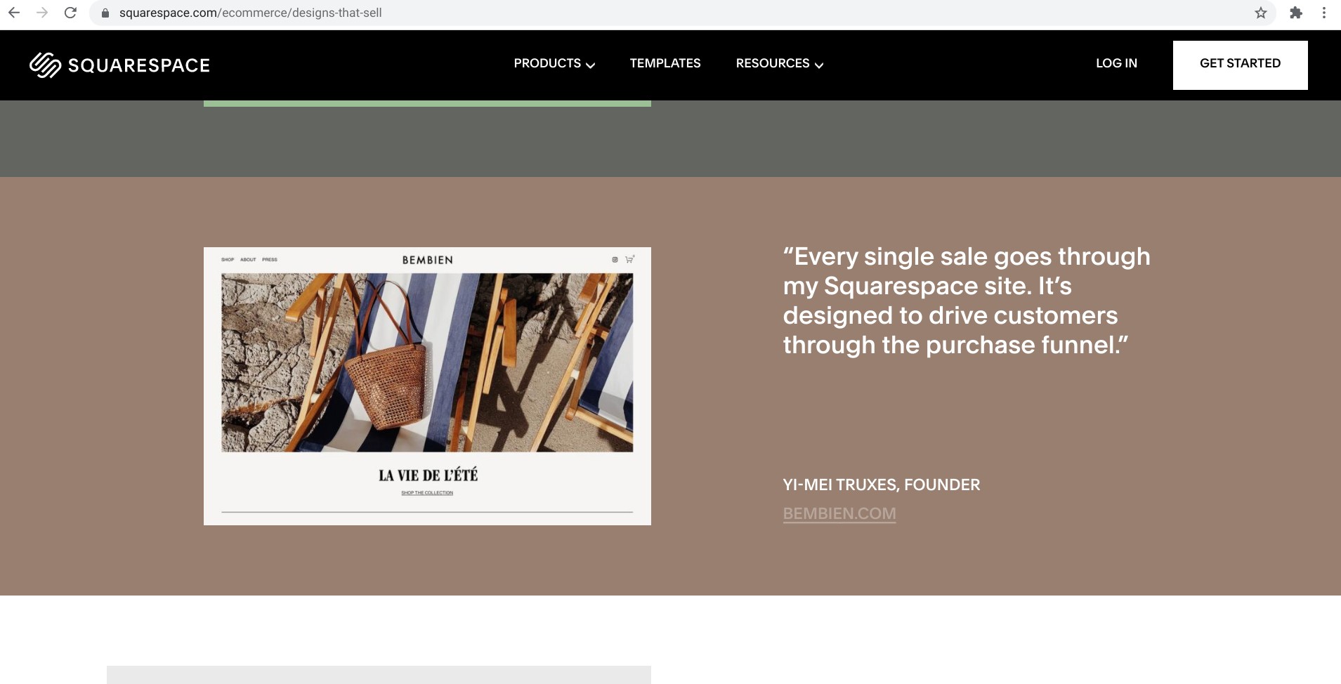 Screenshot of squarespace.com/ecommerce/designs-that-sell