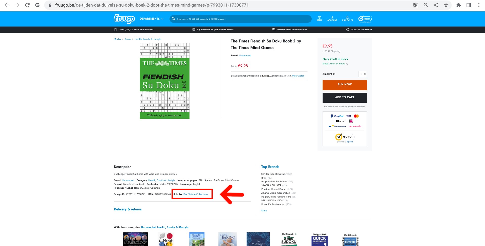 Screenshot of a product listing on Fruugo.be with the seller circled in red