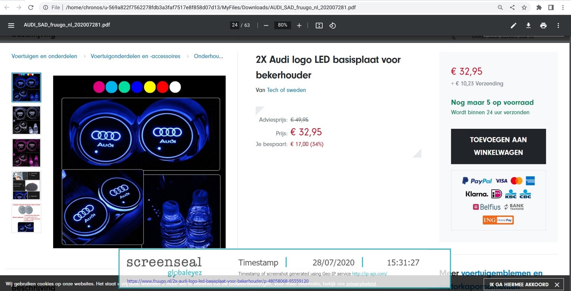 Screenshot of fruugo.nl displaying a potentially IP-infringing product listing