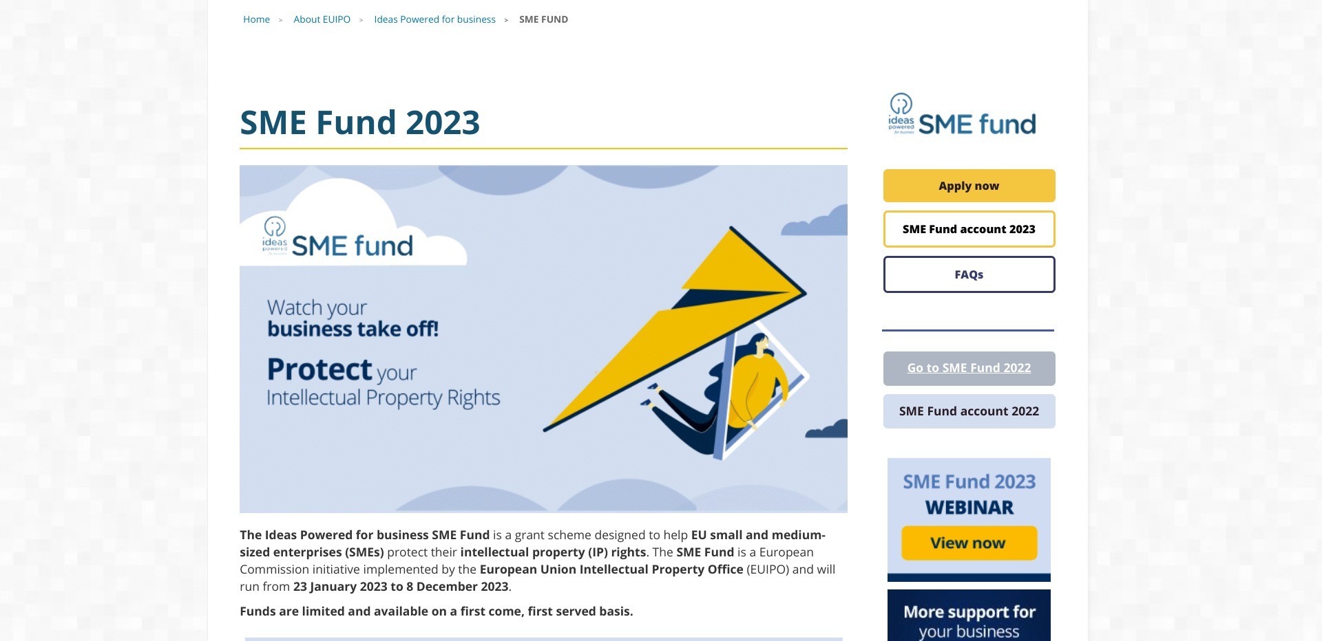 Screenshot of euipo.europa.eu’s website for the SME Fund