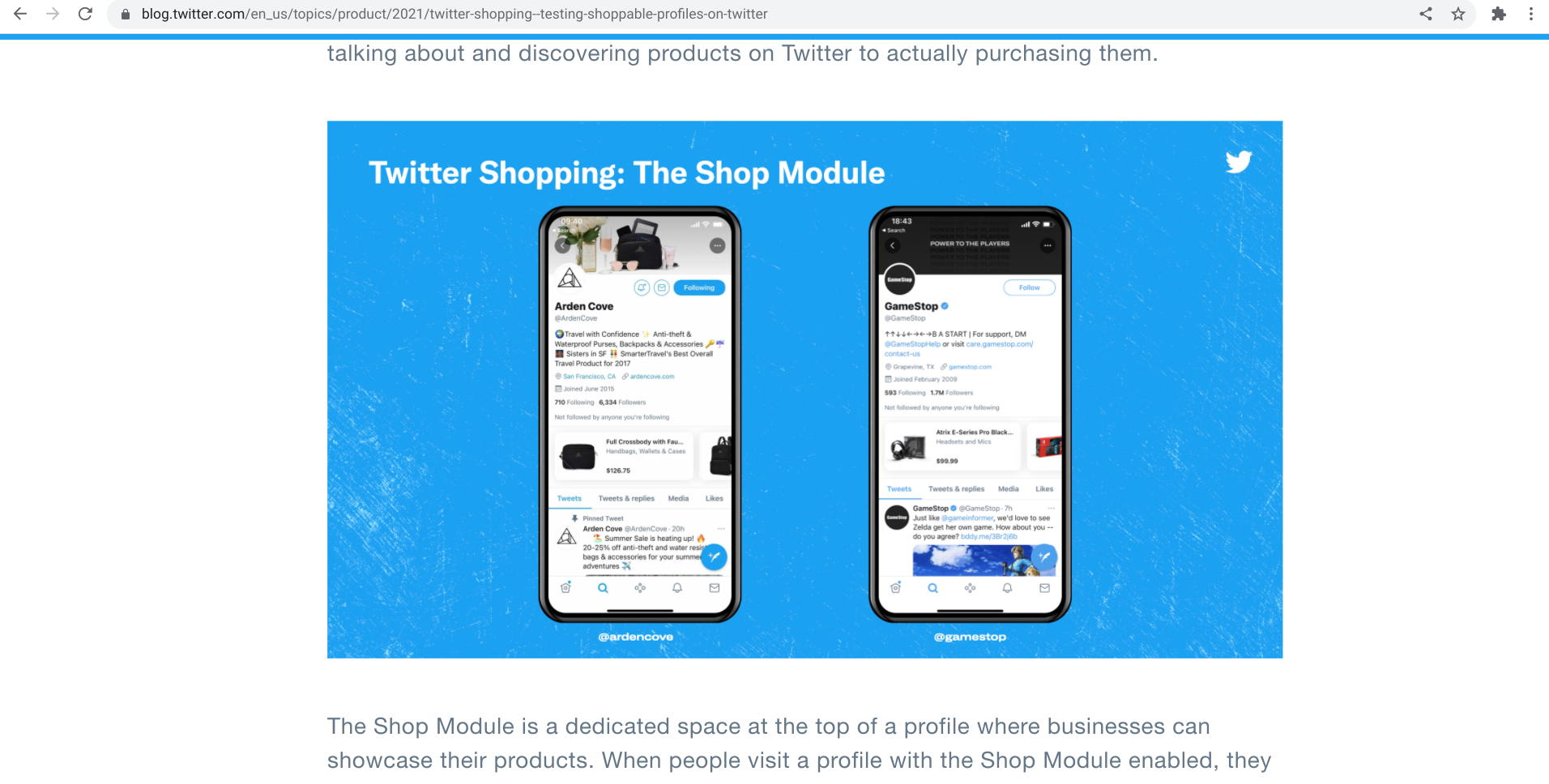 Screenshot of blog.twitter.com displaying the Shop Module feature