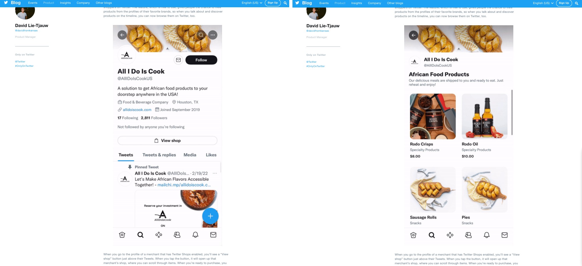 Screenshots of blog.twitter.com displaying the new features including the View shop button and the product catalogue