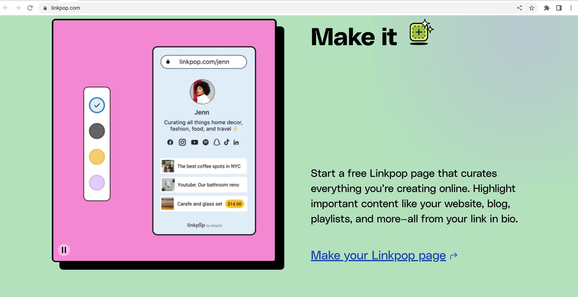 Screenshot of linkpop.com explaining how to create a page