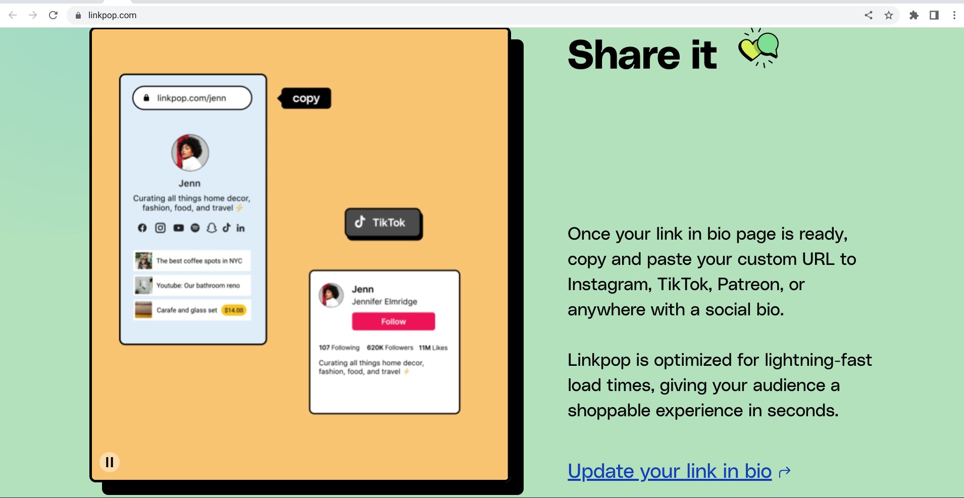 Screenshot of linkpop.com explaining the process of sharing links