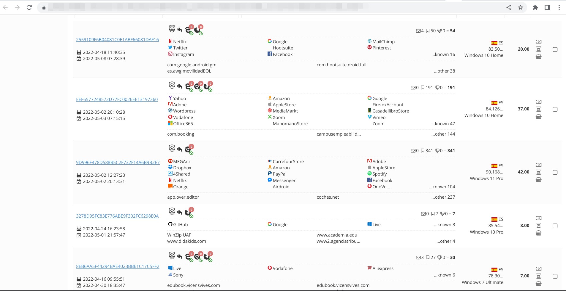 Screenshot von genesis.market mit einer Liste der verfügbaren Zugangsdaten für verschiedene Unternehmen