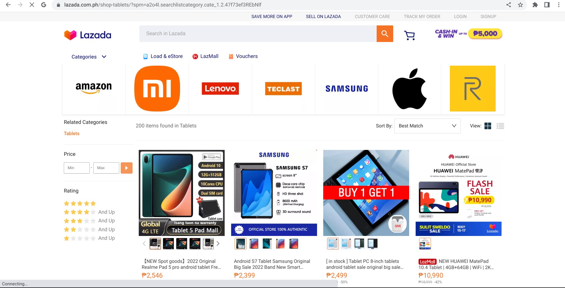 Screenshot von lazada.com.ph mit Darstellung der Desktop-Version und des Kachelformats