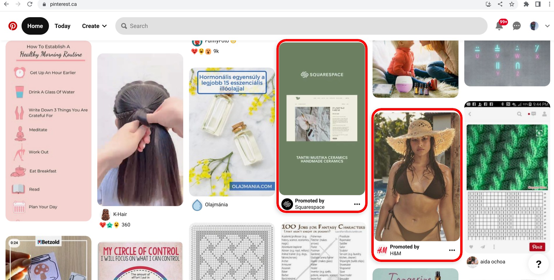 Screenshot von pinterest.ca, der zwei Anzeigen als Pins anzeigt