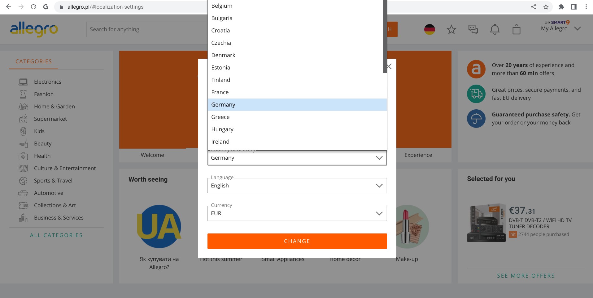 Screenshot of allegro.pl displaying country, language and currency options