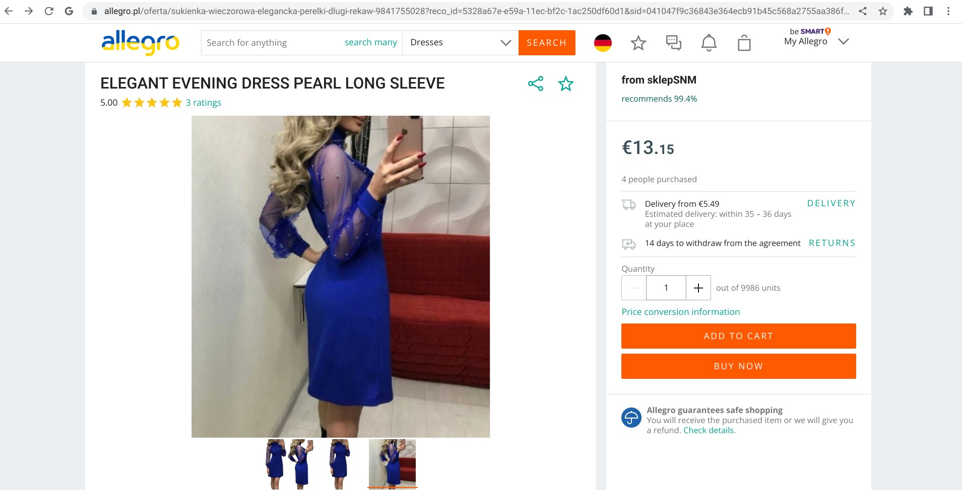 Screenshot eines zufälligen Produktangebots auf allegro.pl mit dem Namen des Verkäufers in der oberen rechten Ecke