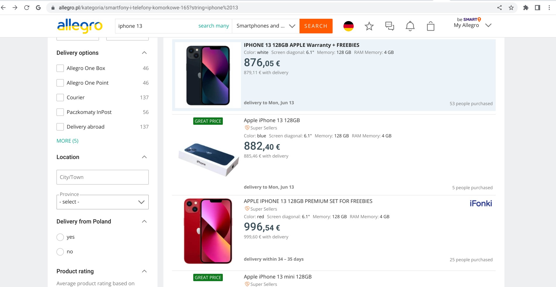 Screenshot of allegro.pl displaying iPhone 13 product listings by different sellers