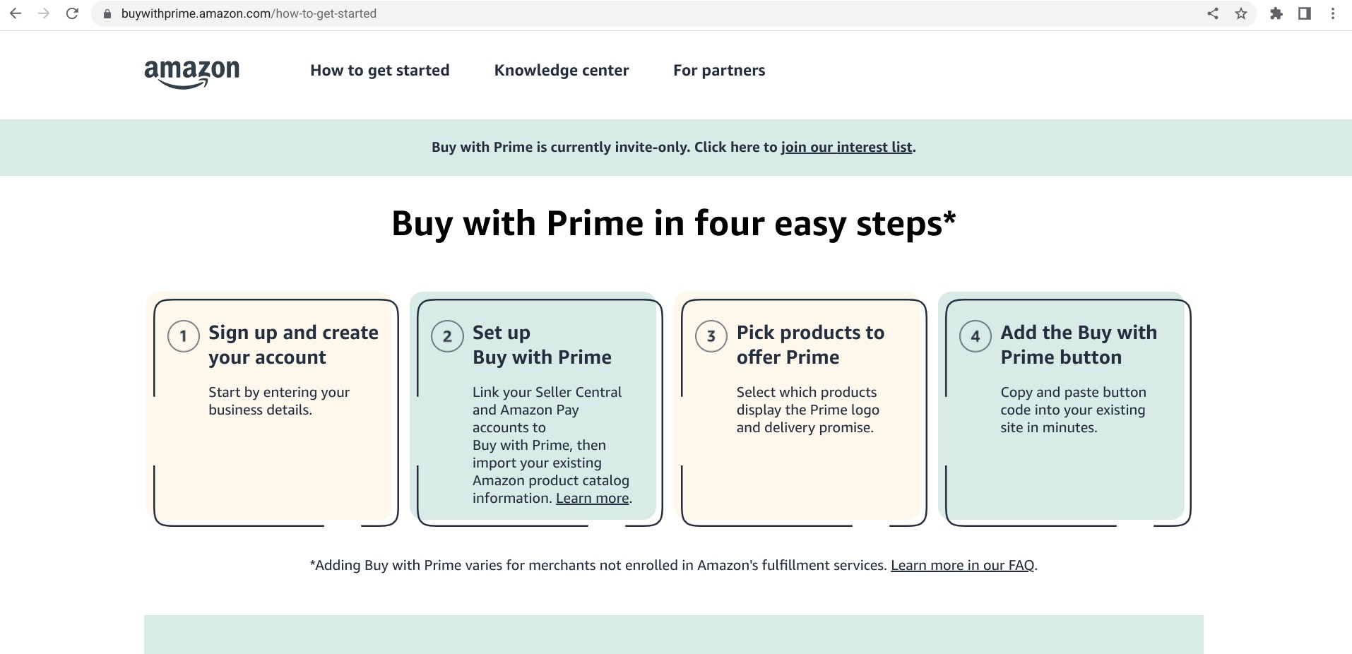 Screenshot of buywithprime.amazon.com depicting the onboarding process