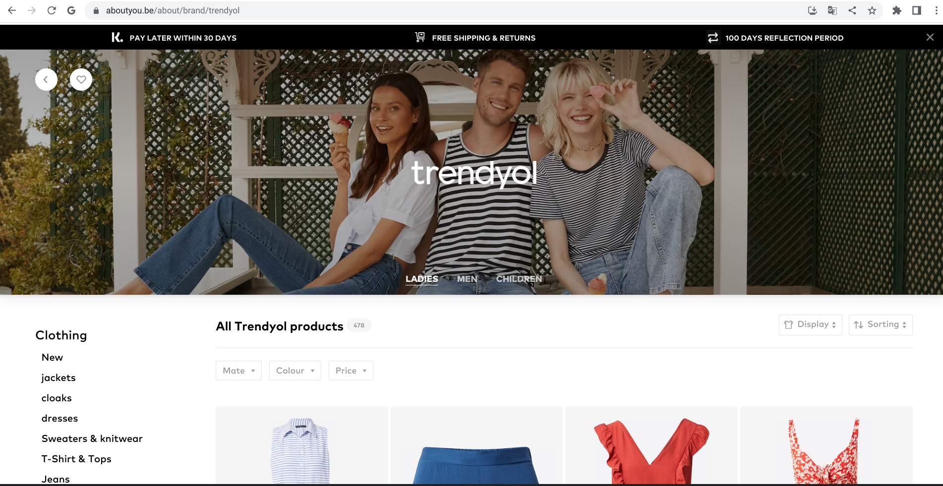 Screenshot of aboutyou.be displaying Trendyol’s brand page