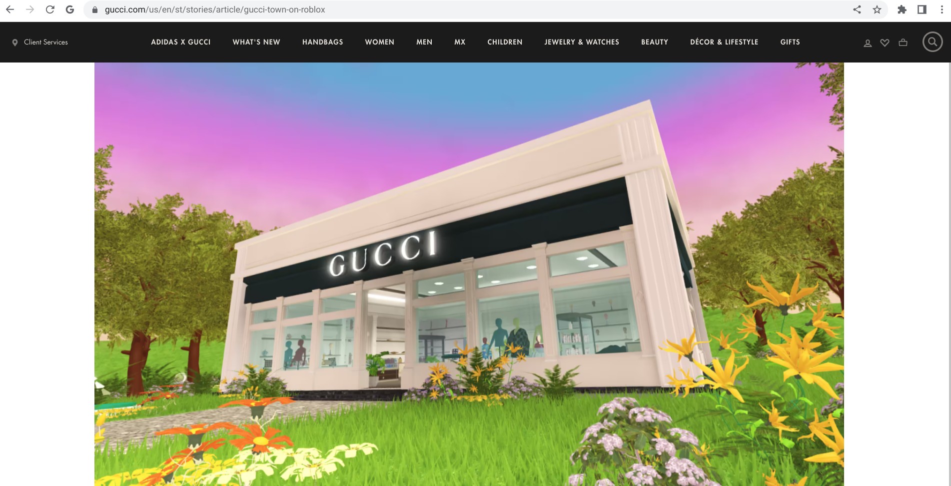 Screenshot of gucci.com displaying the virtual Gucci storefront on Roblox