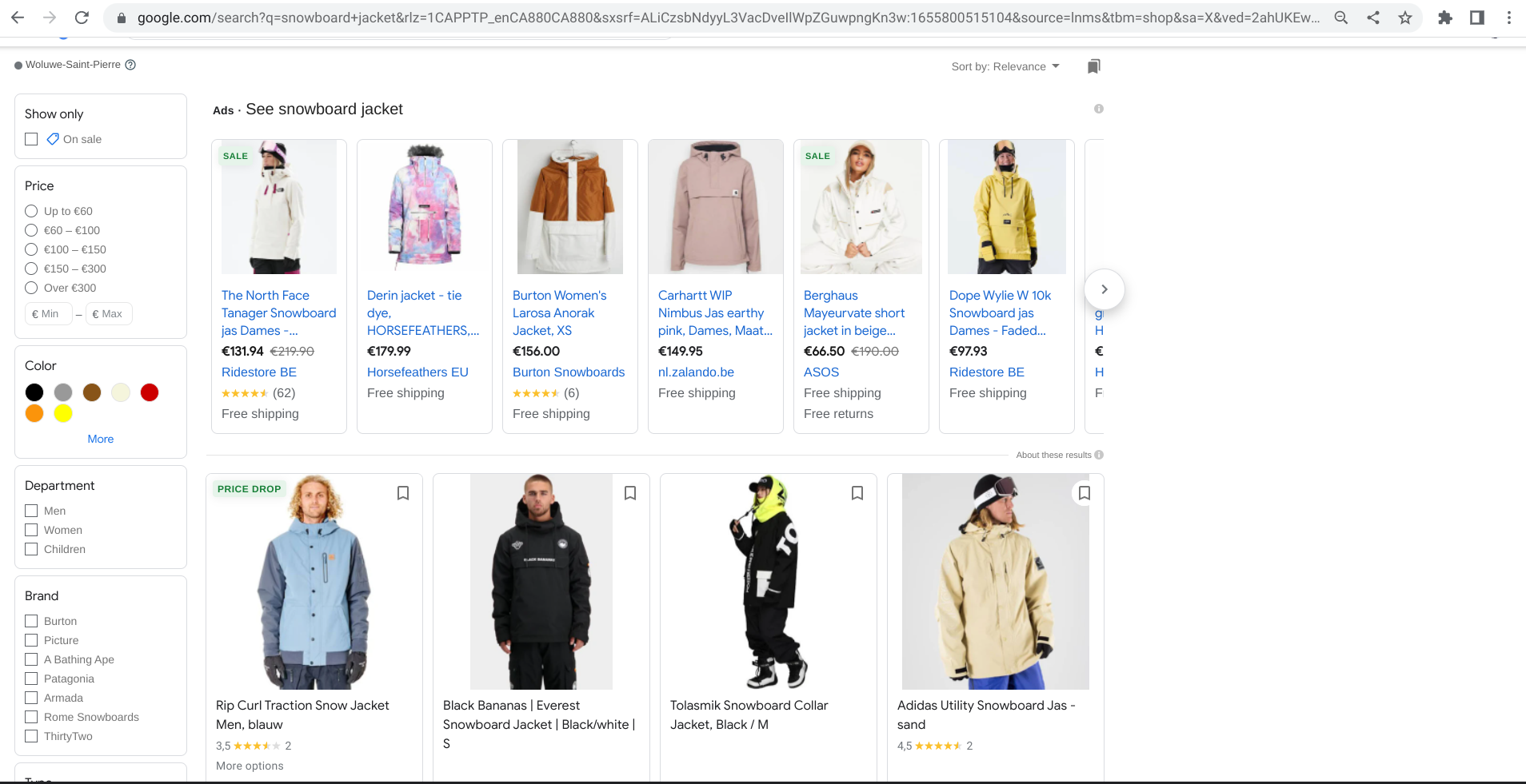Screenshot des Shopping-Tabs von google.com mit Suchergebnissen und Anzeigen für 