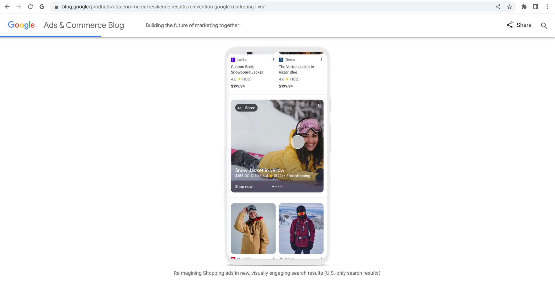 Screenshot von blog.google.com mit den zukünftigen Suchergebnissen und Anzeigen für 