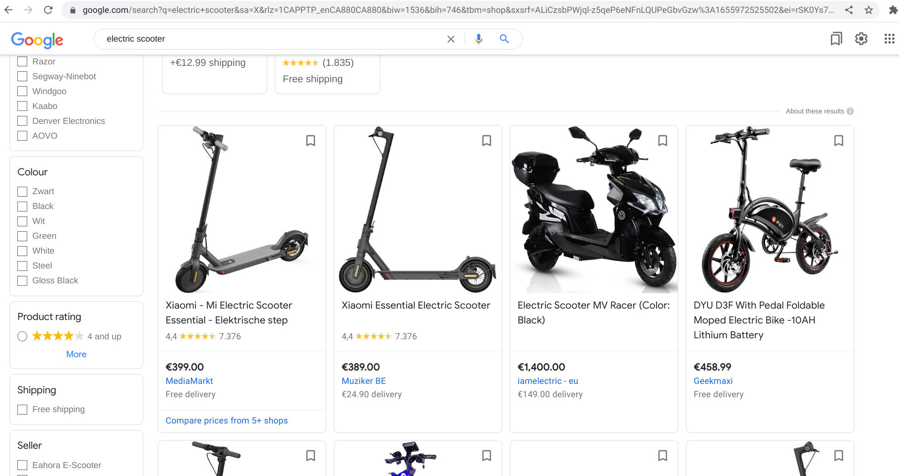 Screenshot des Shopping-Tabs von google.com, der Angebote für E-Scooter anzeigt