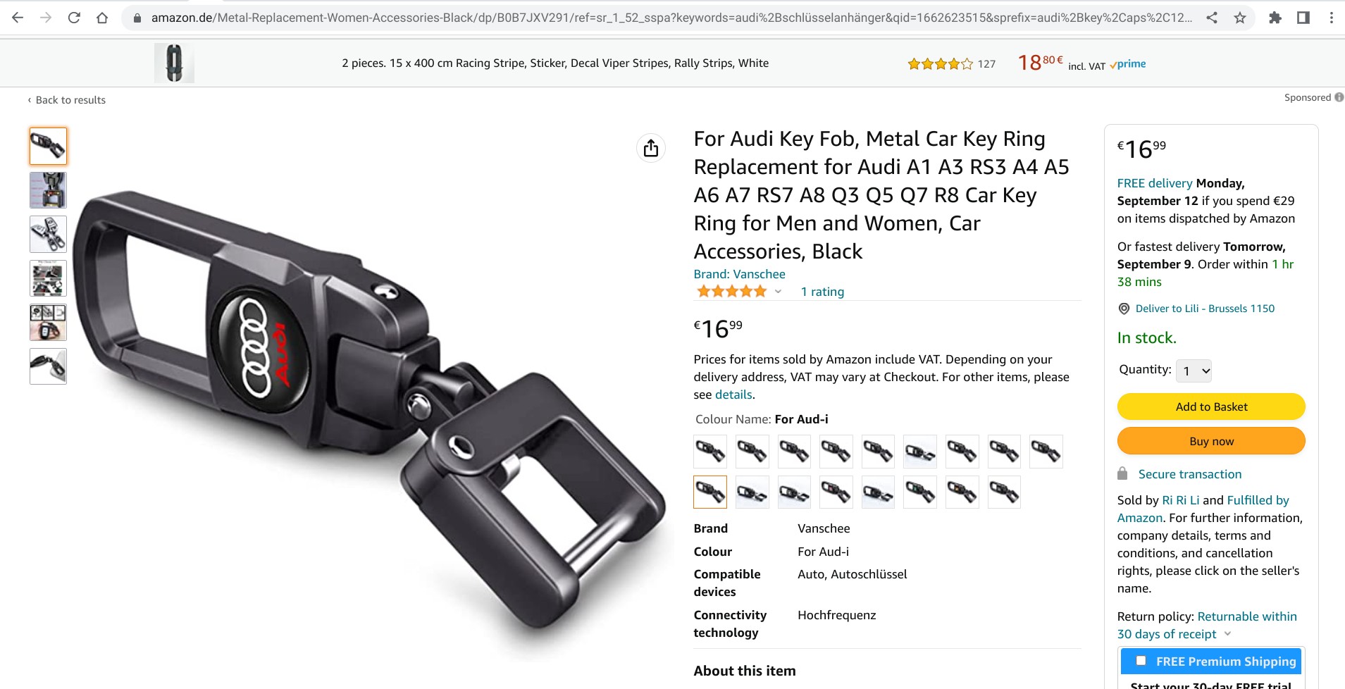 Screenshot of an Audi keychain listing on amazon.de