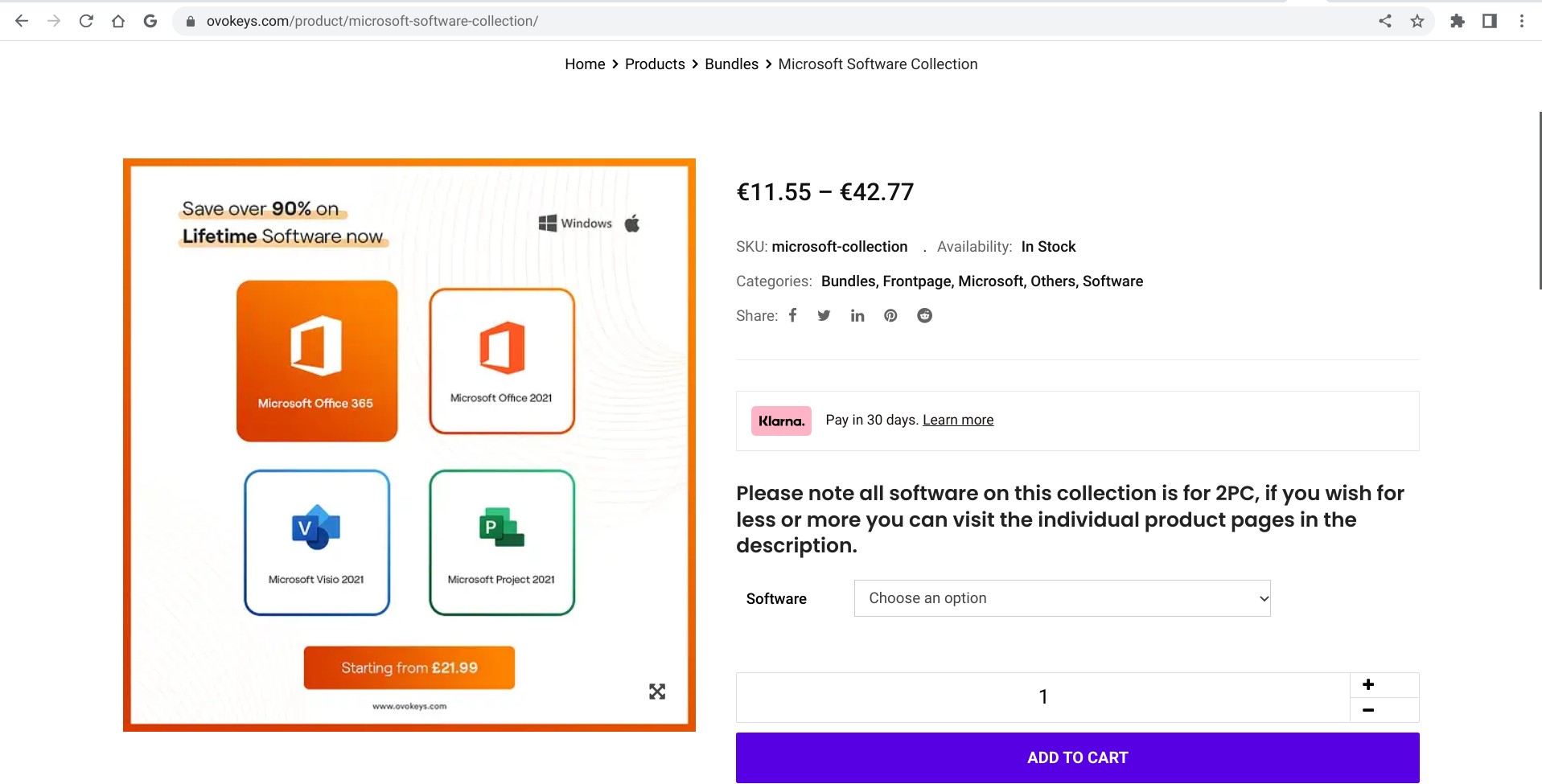 Screenshot of ovokeys.com/product/microsoft-software-collection
