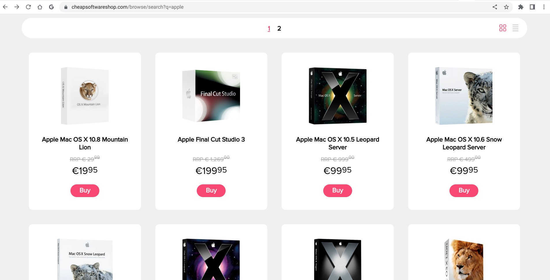 Screenshot of cheapsoftwareshop.com’s display of Apple software products