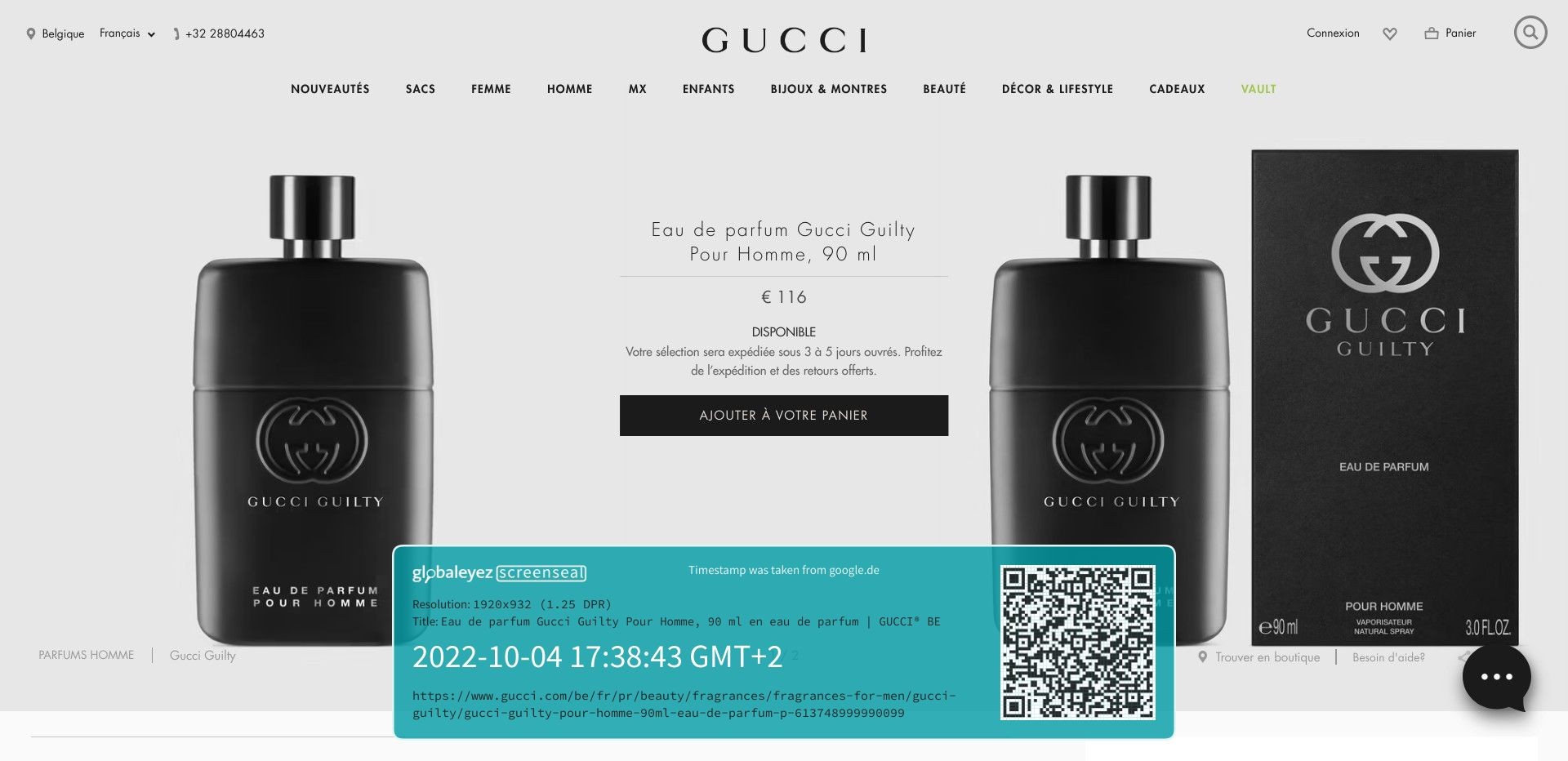 Screenshot of gucci.com displaying a listing for Guilty pour Homme