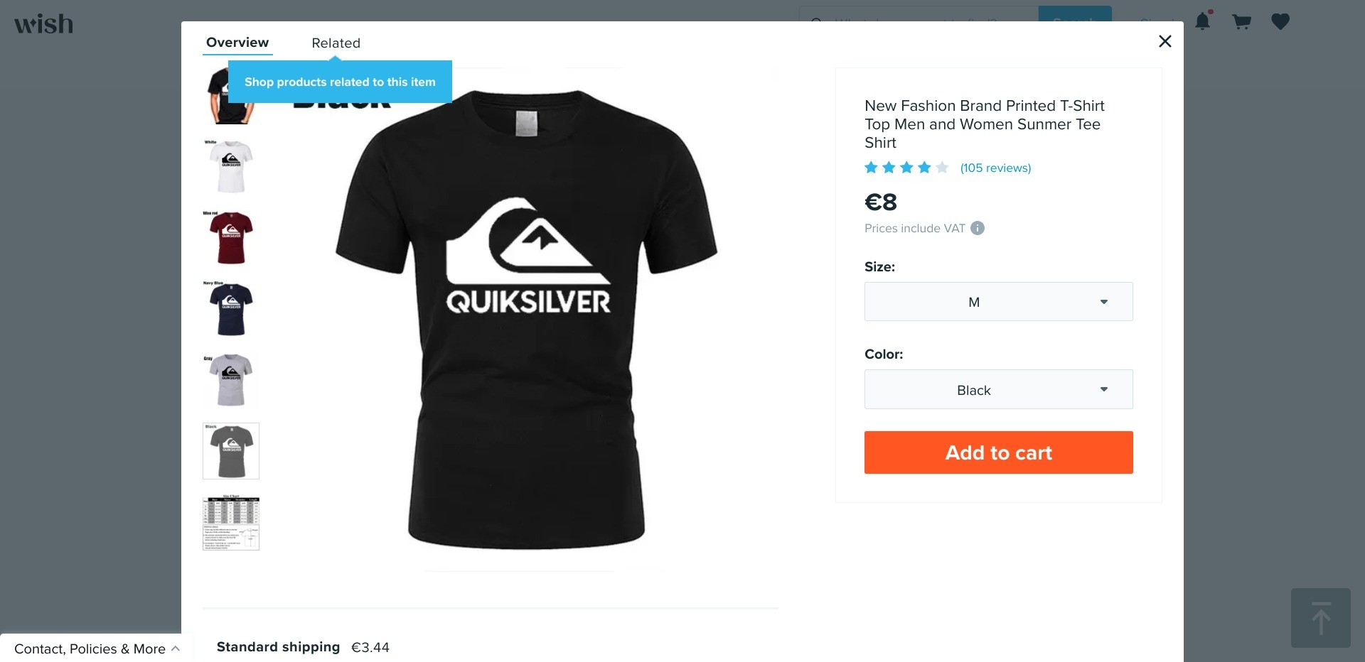 Screenshot of a random listing for a “Quiksilver” T-shirt on wish-com